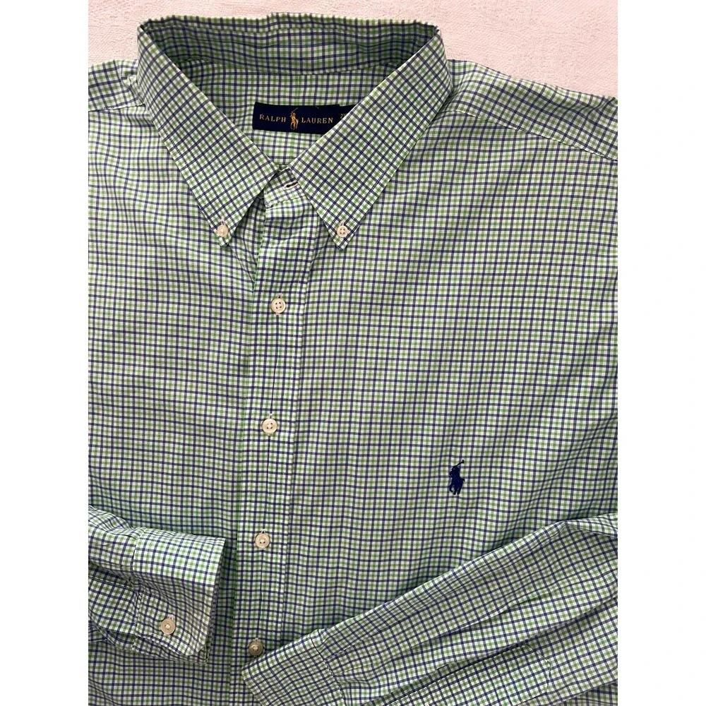 Ralph Lauren Button Down Shirt 2XLT Tall Green Blue Gingham Pony Logo Cotton